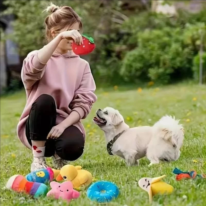 7/10 pçs conjunto de brinquedos de som de filhote de cachorro, mascar de pelúcia solta para animais de estimação, lanches de frutas de pelúcia e brinquedos de cachorro de vegetais, adequado para playm bonito