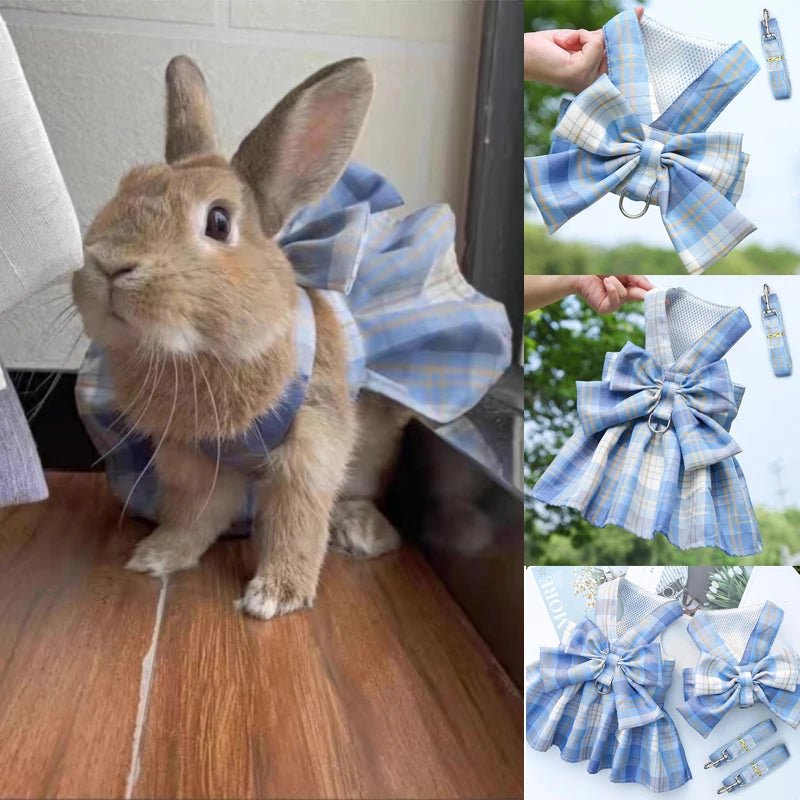 Coelho jk vestidos e trela conjuntos de malha xadrez pet colete arnês para gatos coelho verão pequenos animais roupas coelhos acessórios