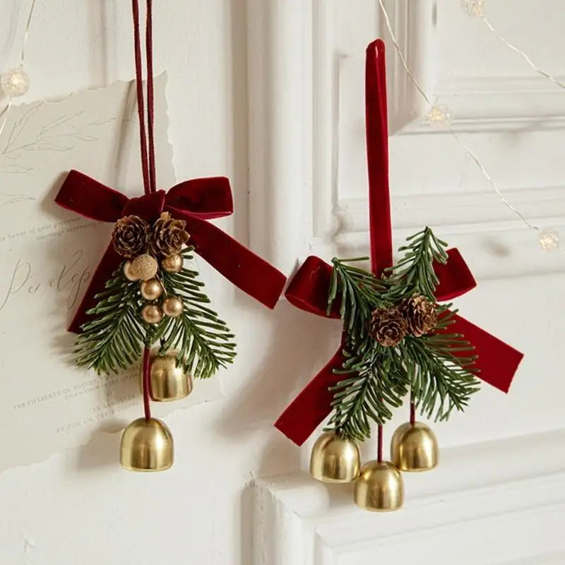 E8bd veludos bowknot pinha sinos árvore pendurado ornamento decoração para casa