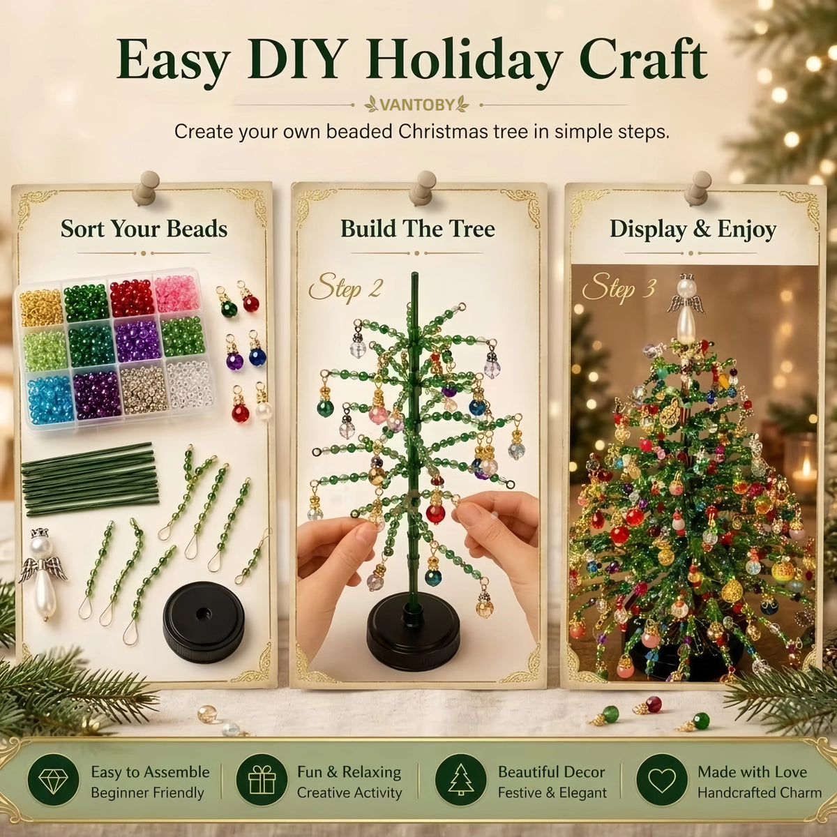 Conjunto de árvore de Natal com contas para montar – contas de cristal feitas à mão, com luzes LED, para decoração natalina em casa, ideal para adultos e crianças, e como presente.