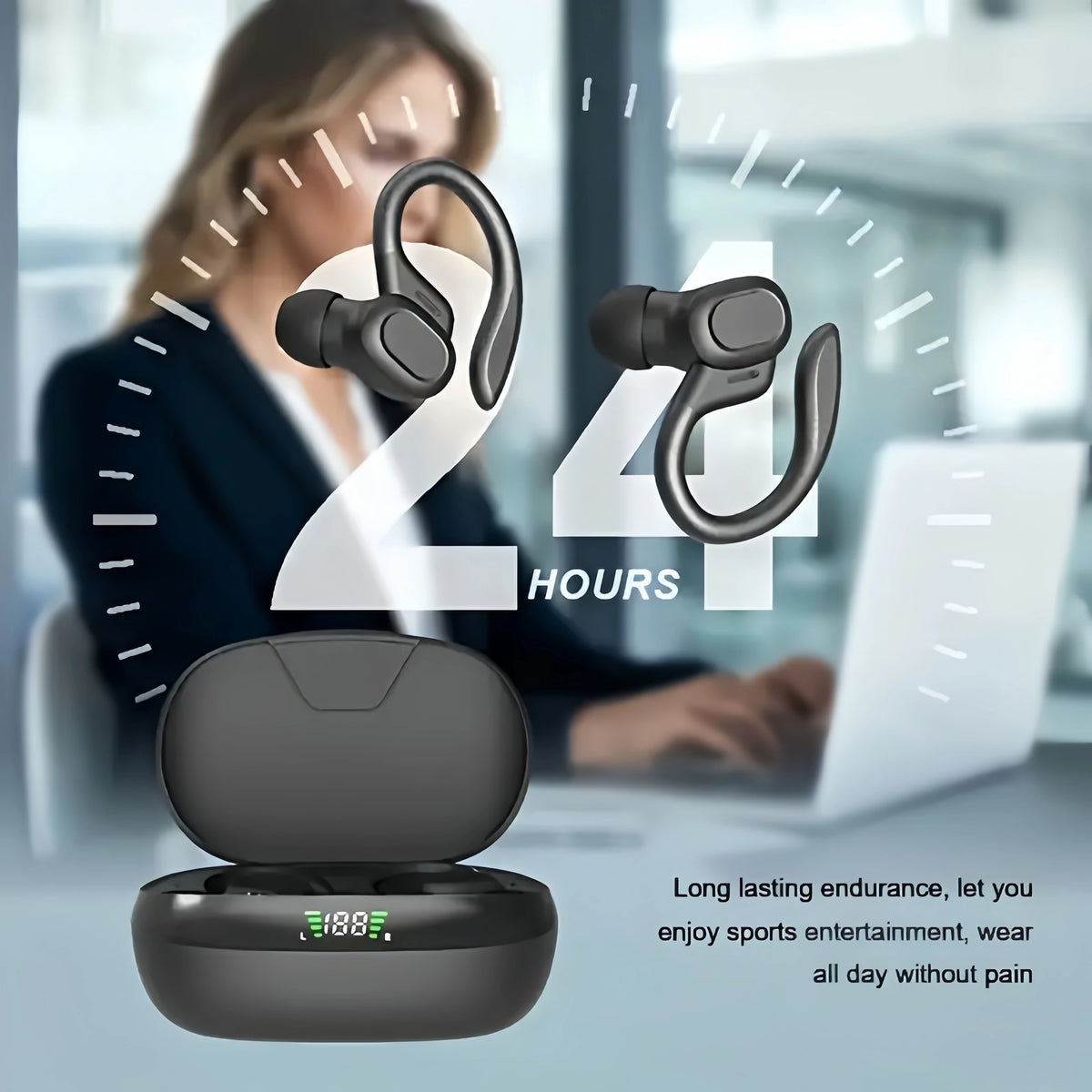 True Wireless Earbuds, TWS Headphones with Microphone, Sports Ear-Clip Headphones, Stereo In-Ear Headphones with LED Display