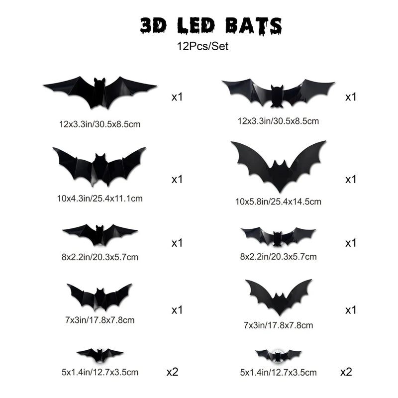 Decorações Assustadoras de Halloween: Luzes LED 3D de Morcego | Adesivos de Parede Flexíveis, Decoração Luminosa Alimentada por Energia | Decoração de Festa, Janela - Kasa & Pet