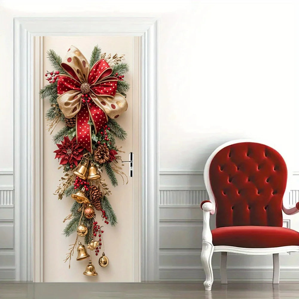 1 decoração de parede de Natal - decoração suspensa com sinos vermelhos e folhas verdes - decoração de sala de férias, design de férias