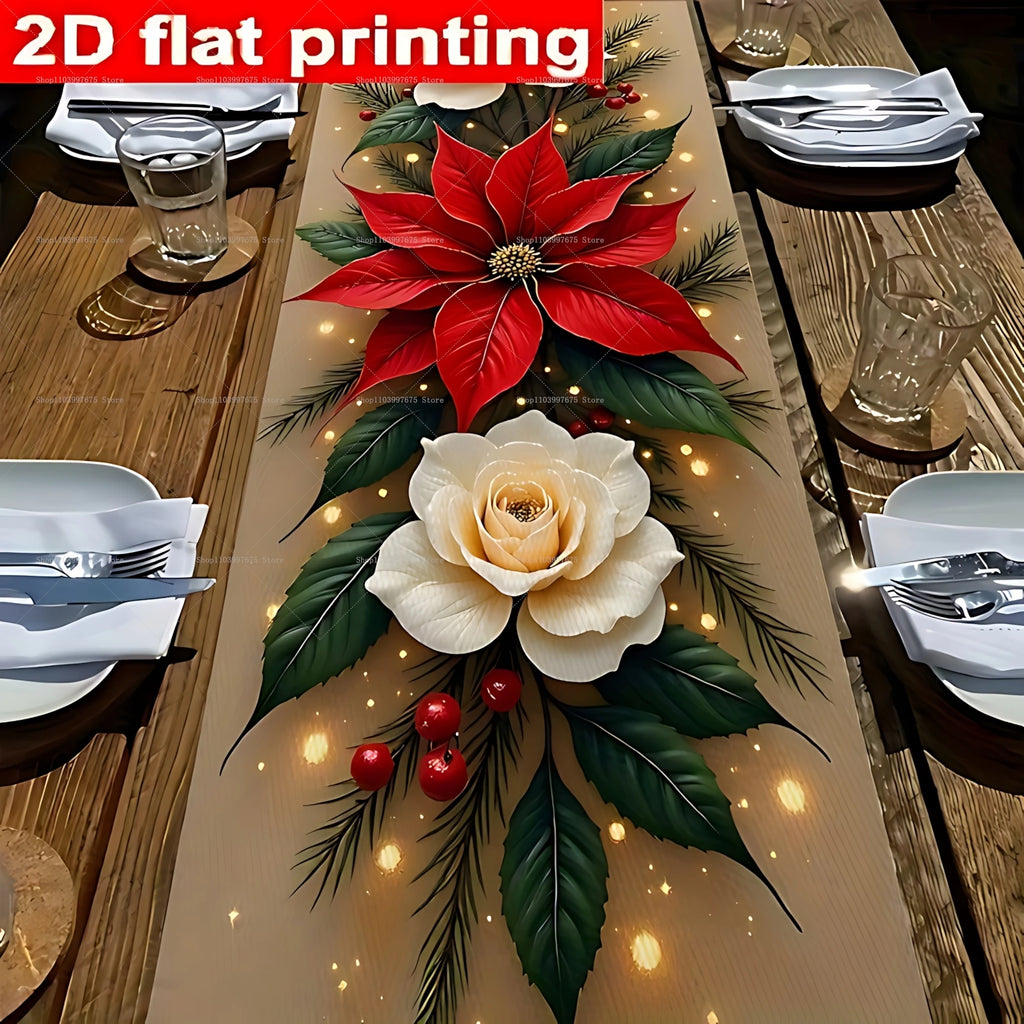 Decorações de Natal, toalha de mesa com estampa de poinsettias e pinhas, toalha de mesa de poliéster, decoração de mesa para festas de Natal e refeições de inverno.