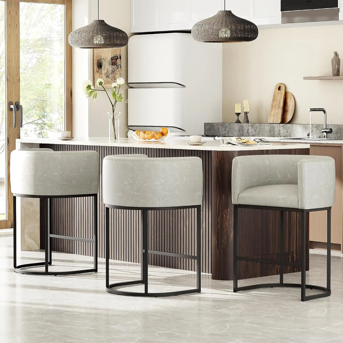 Conjunto de 3 Banquetas de Bar em Linho com 26'' de Altura, Design Moderno com Encosto e Braços, Personalizável