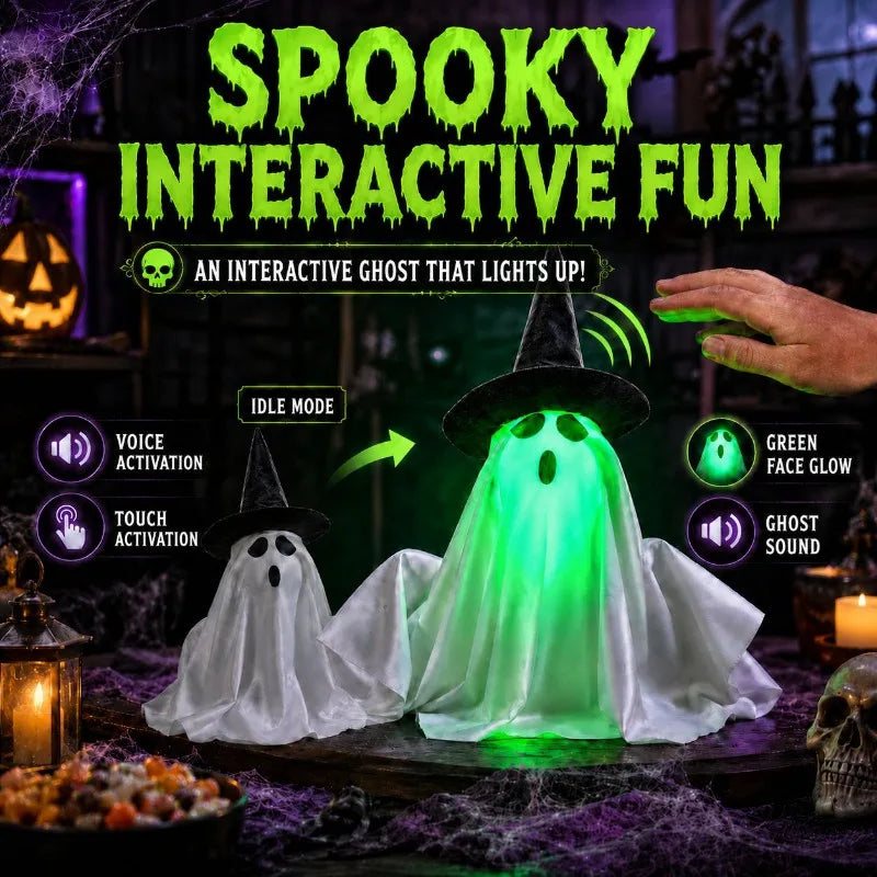 Decoração de Halloween Fantasma Iluminado com Chapéu de Bruxa, Rosto Verde Brilhante com Efeito Sonoro Assustador, Enfeite de Mesa para Festa de Casa Assombrada