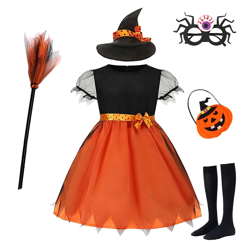 Fantasia de bruxa de Halloween para meninas, vestidos de vampiro para crianças, roupas de festa de carnaval, roupas para crianças