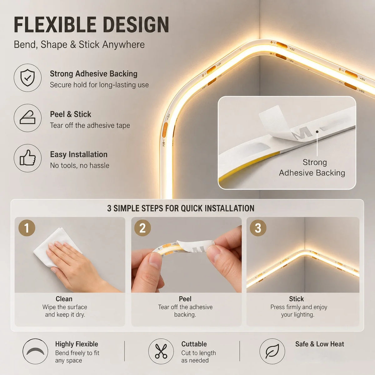 Fita de LED COB com toque regulável, fita adesiva flexível para sala de estar, quarto, guarda-roupa, iluminação de fundo para TV