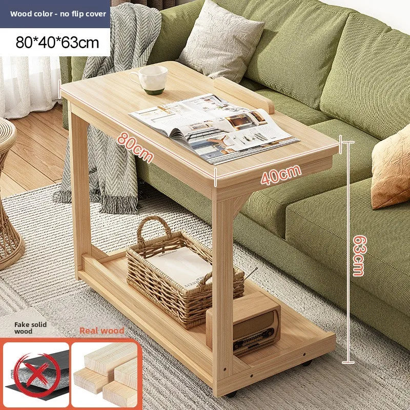 Mesa de centro móvel de madeira maciça, prateleira de armazenamento para sala de estar, mesa lateral dobrável para sofá de sala de estar, mesa de cabeceira de madeira maciça para quarto