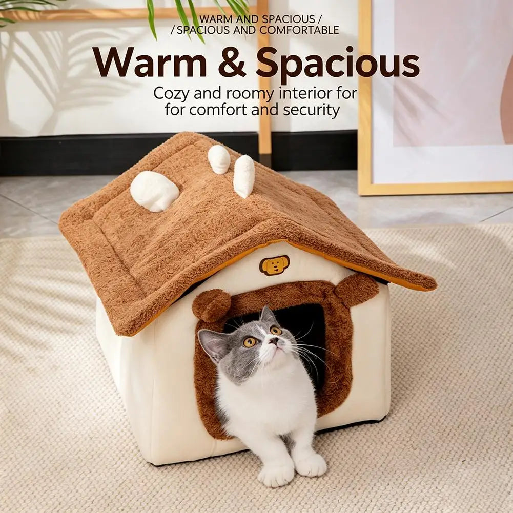 Cama para Pets Estilo Casa Fofa para Cães e Gatos Pequenos, Quente para o Inverno, Removível e Lavável, Casinha Fechada de Pelúcia, Vila para Gatos, Caverna