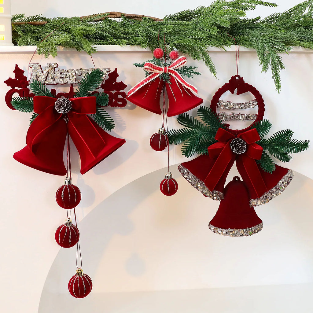 Enfeites de Natal em Veludo Vermelho, Bolas Flocadas, Sinos, Pingentes, Laços, Decoração para Casa, Presentes para Festa de Natal e Ano Novo