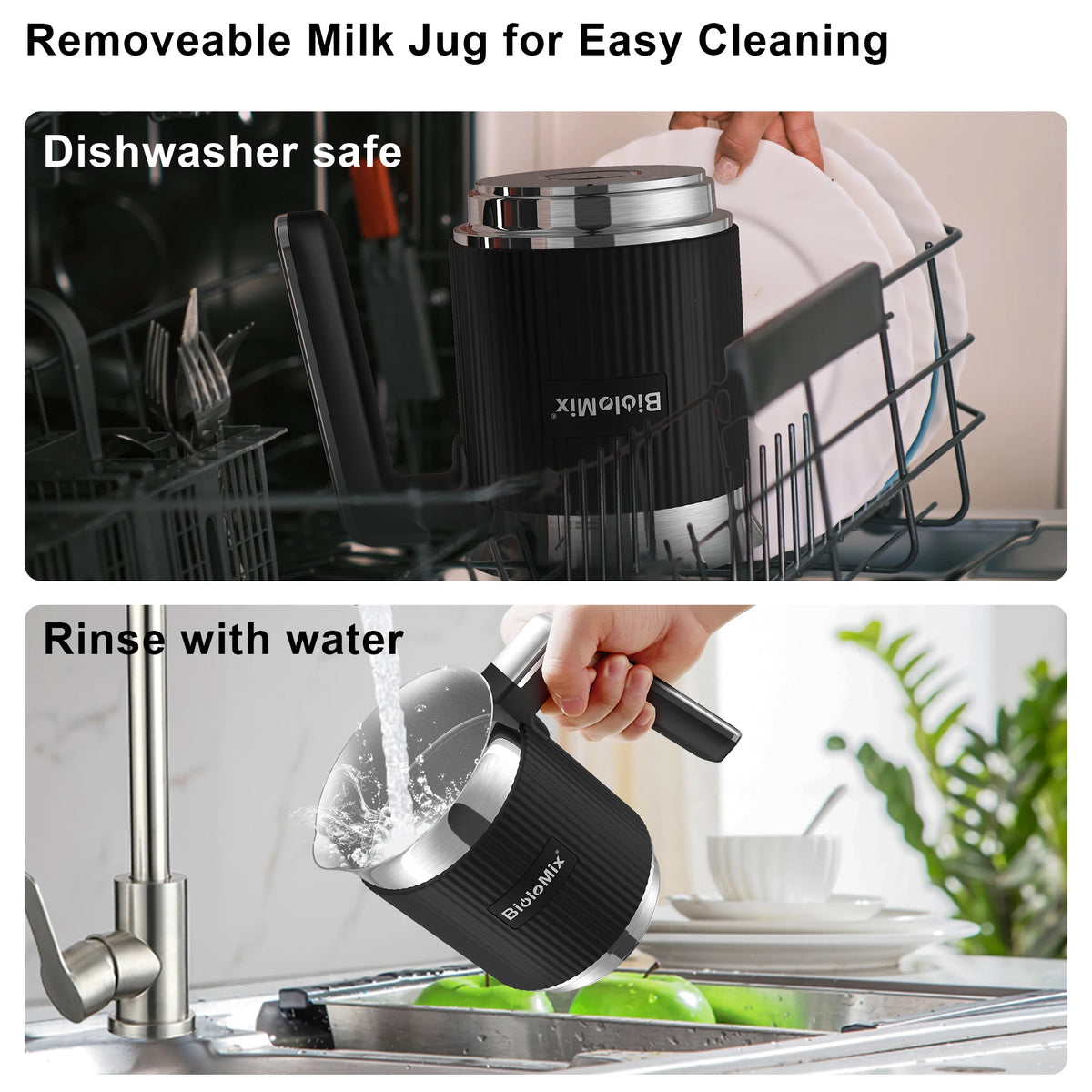 Batedor de leite e vaporizador removível BioloMix, fabricante automático de espuma quente/frio e chocolate quente 5 em 1, seguro para máquina de lavar louça