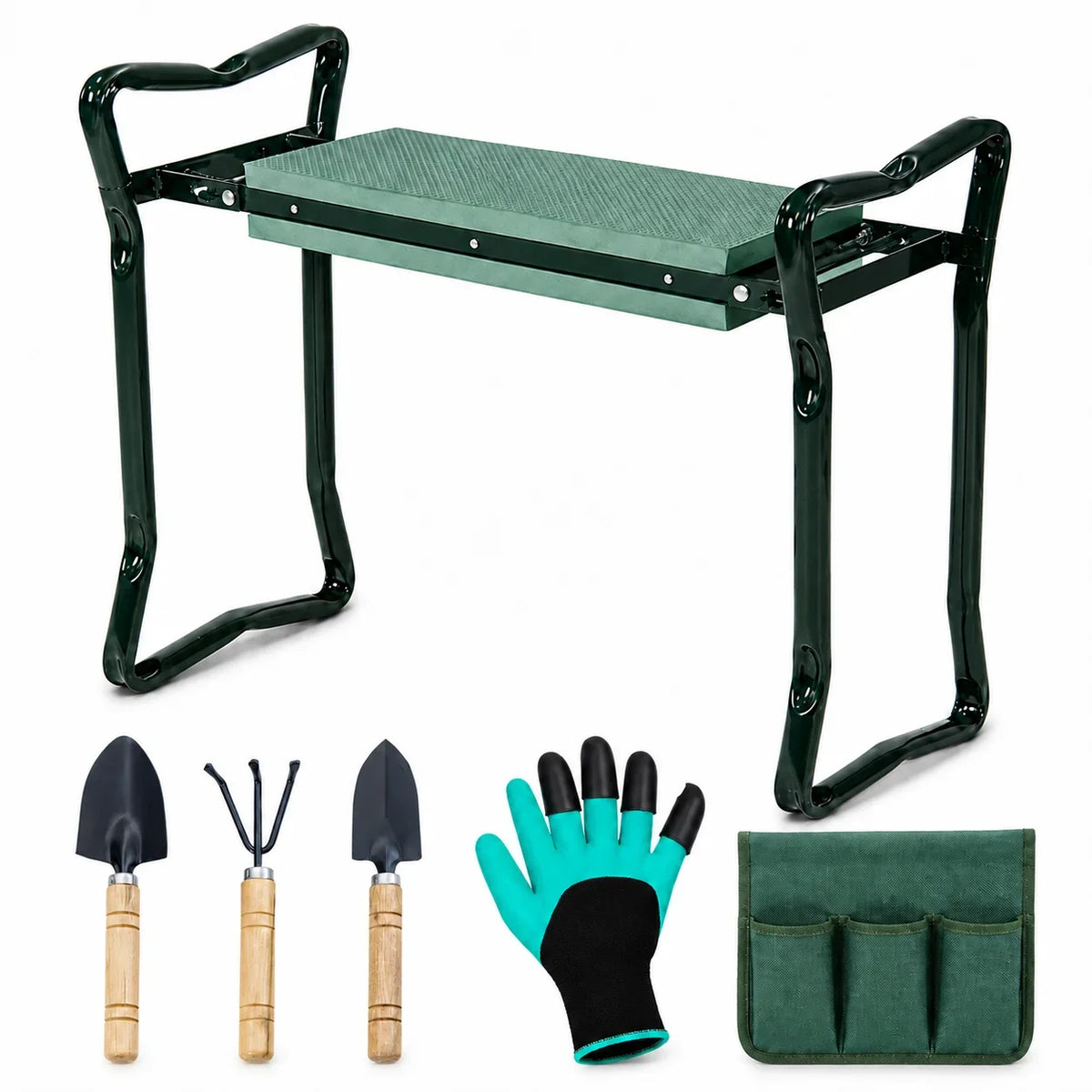Banco de Jardim 2 em 1 Portátil com Bolsa para Ferramentas, Banquinho Dobrável com Almofada EVA, Ideal para Jardinagem e Trabalho no Quintal