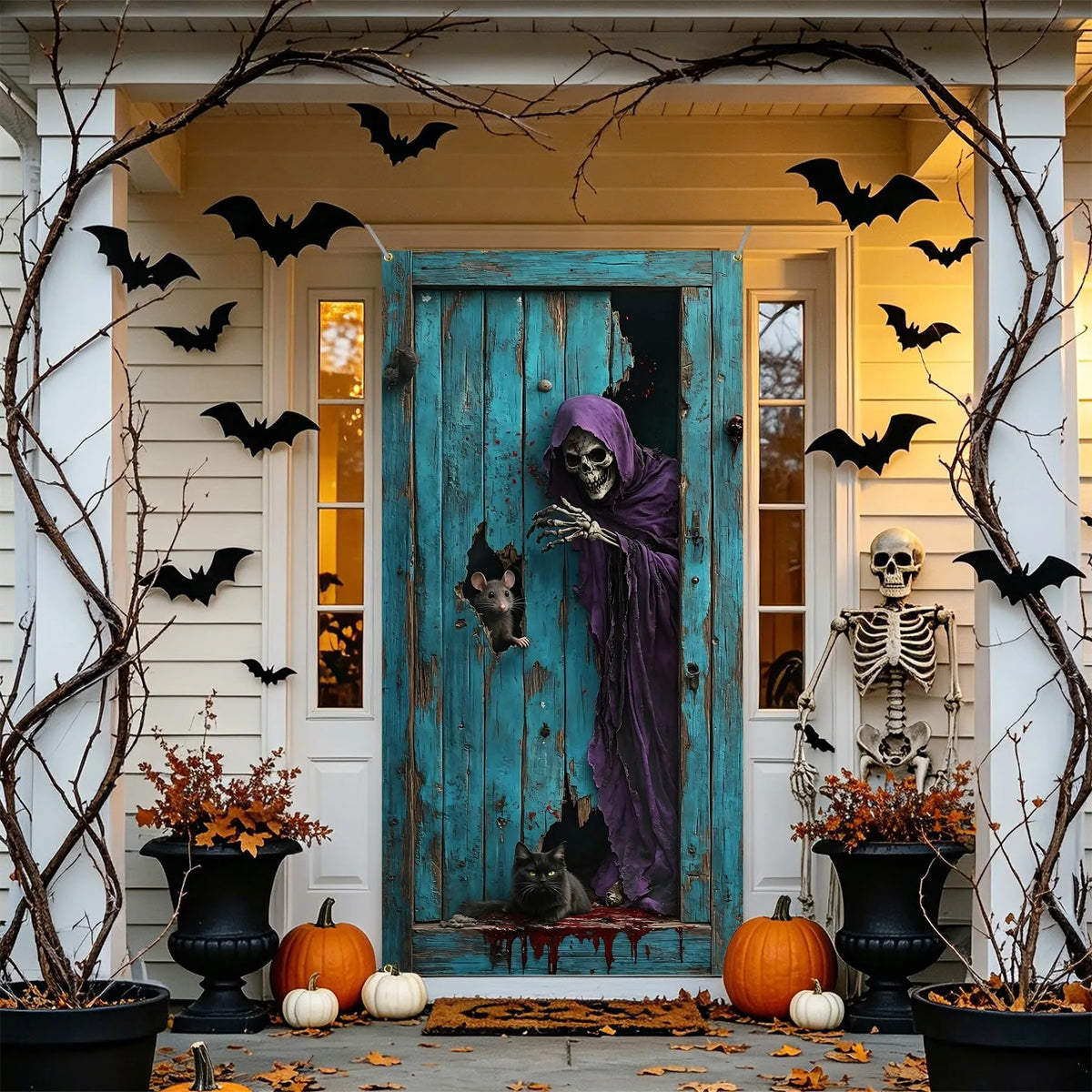 Capa de Porta de Halloween: Cenário Assustador de Esqueleto Ceifador para Decoração de Entrada de Casa Assombrada, Suprimentos para Banner de Festa Temática de Terror