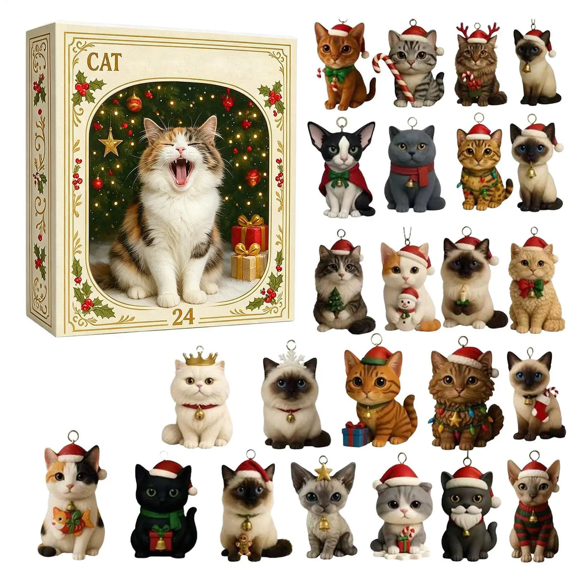 Calendário de contagem regressiva de Natal com tema de gato, 24 dias, enfeites de gato em acrílico 2D, calendário de advento, enfeite para árvore de Natal, presente colecionável.