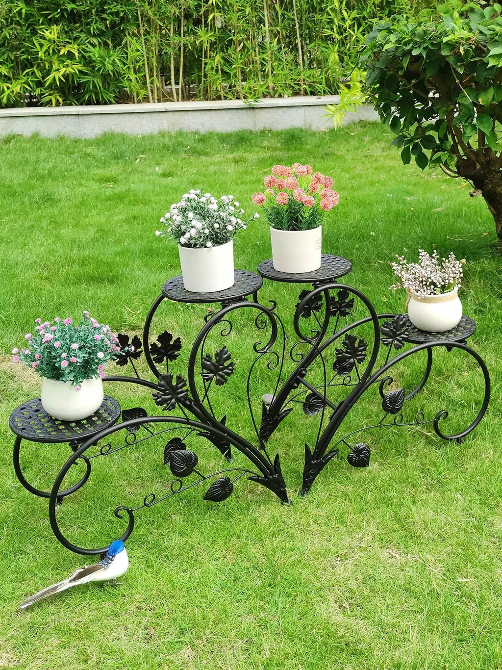 Suporte de Metal Antiferrugem para Plantas, Estante Expositora para 4 Vasos de Flores, para Jardim, Varanda, Escritório, Branco e Preto