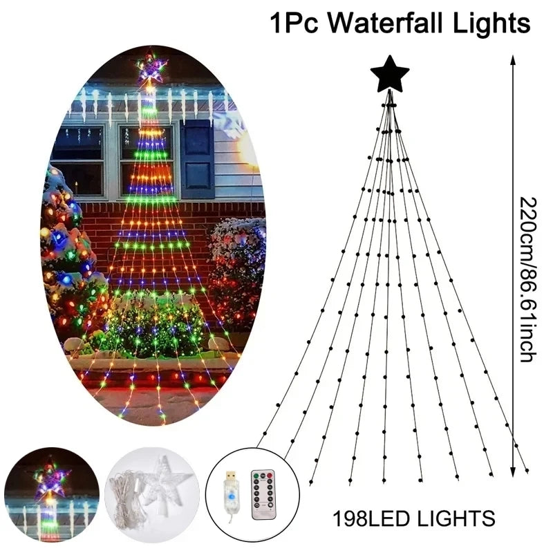 Luzes de corda de fadas cascata de natal com estrela topper, decorações de árvore de natal para casa 2025 navidad natal ano novo 2026
