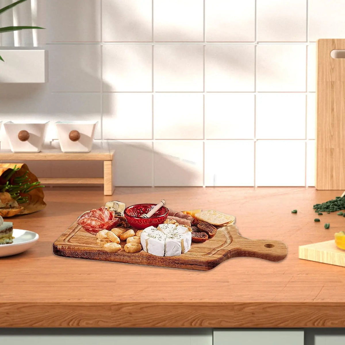 Conjunto de placa de charcutaria de bambu-bandeja de servir queijo de madeira com talheres para casamento natal festa de inauguração decoração de casa