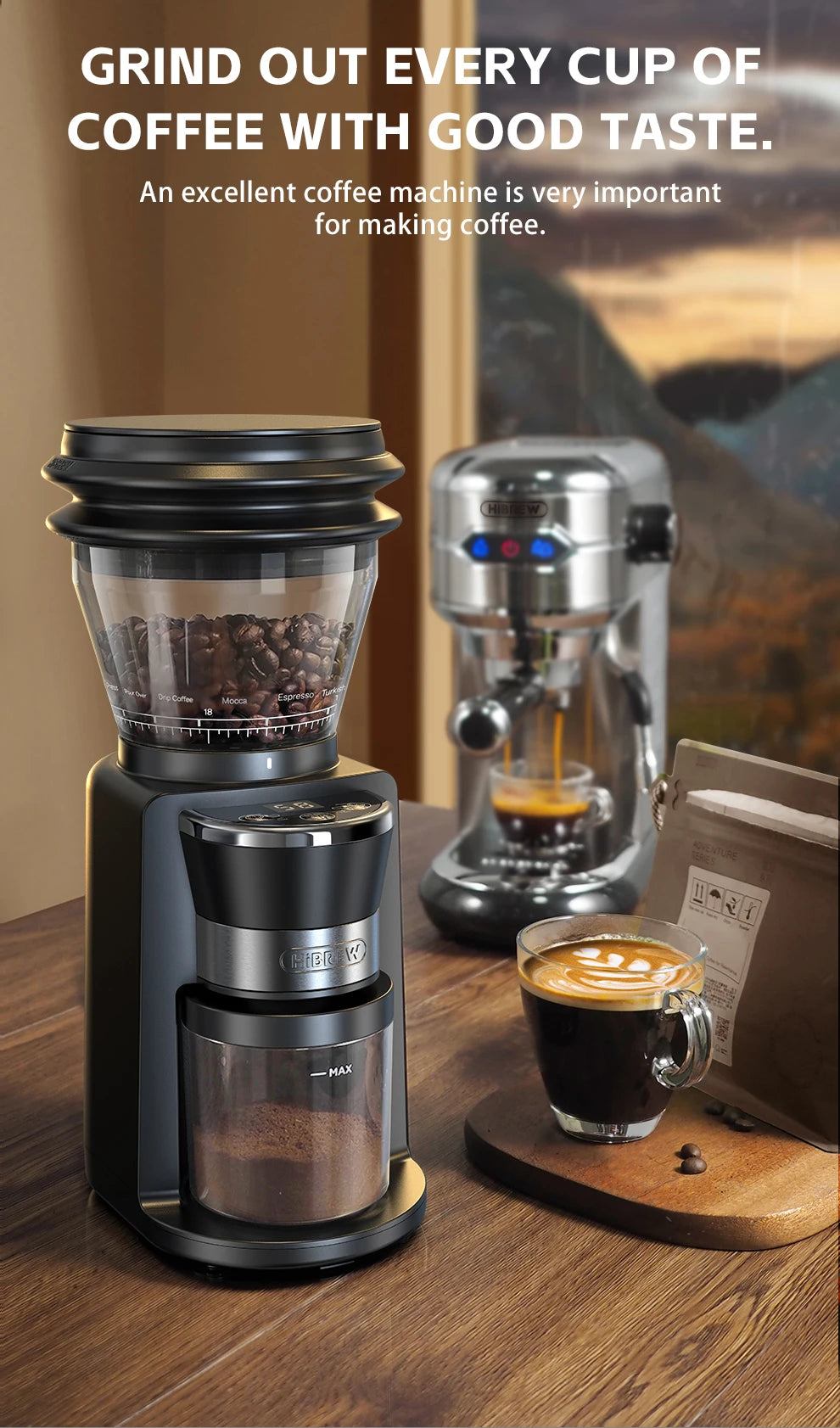 Hibrew moinho de rebarbas automático moedor de café elétrico com 34 engrenagens para café expresso americano despeje sobre armazenamento visual de feijão g3