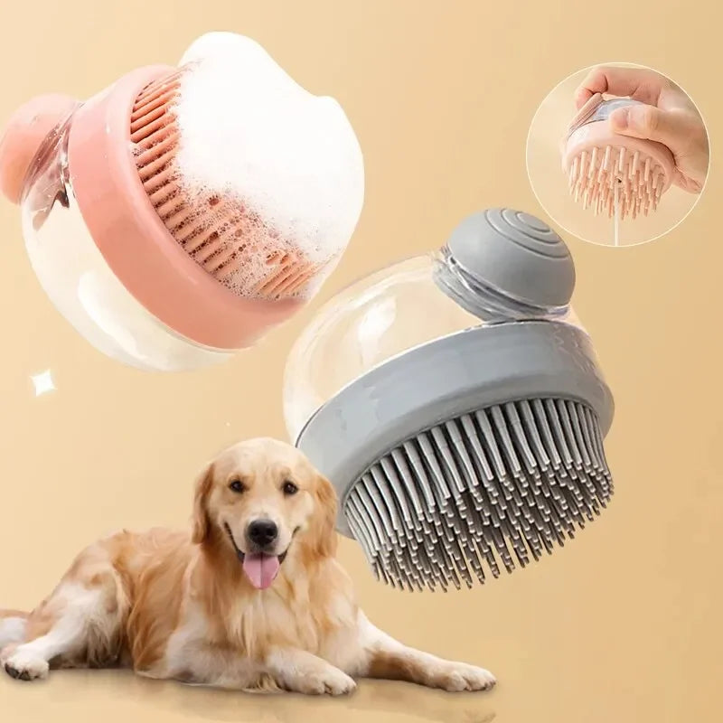 Escova de banho para animais de estimação, silicone macio com dispensador de shampoo, massagem suave para aliciamento e limpeza de pele e cabelo