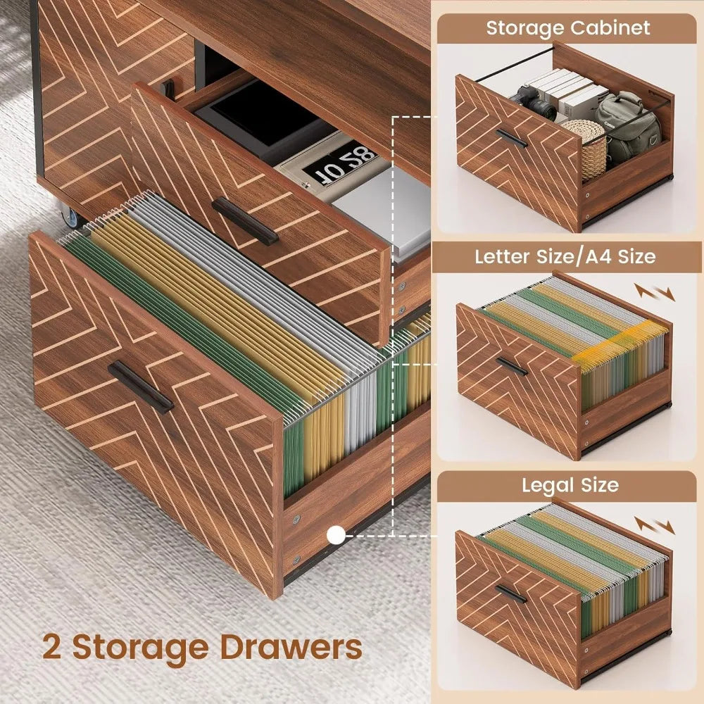 Mesa Executiva de 71 polegadas com Armário Arquivador com Rodas, Mesa de Escritório Grande com Gavetas, Mesa de Computador em L com Tomada, Personalizável