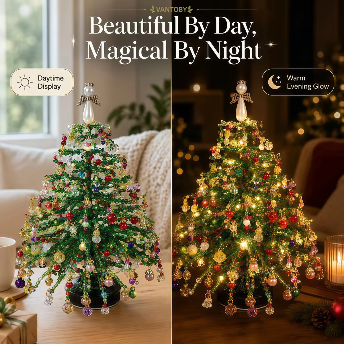 Conjunto de árvore de Natal com contas para montar – contas de cristal feitas à mão, com luzes LED, para decoração natalina em casa, ideal para adultos e crianças, e como presente.