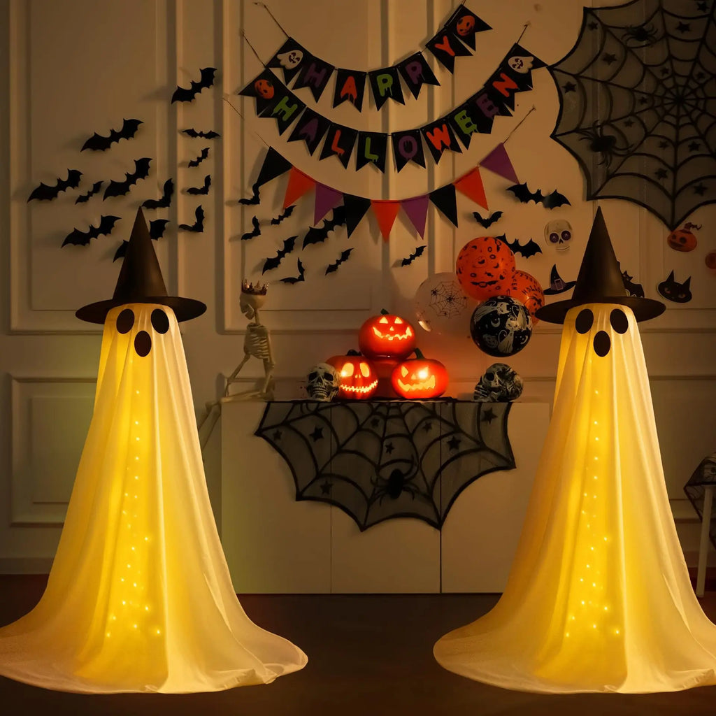 Decoração de Fantasma de Halloween em Pé com Chapéu de Bruxa, Fantasma Assustador para Jardim, Casa, Festa Interna, Casa Assombrada, Suprimentos de Decoração
