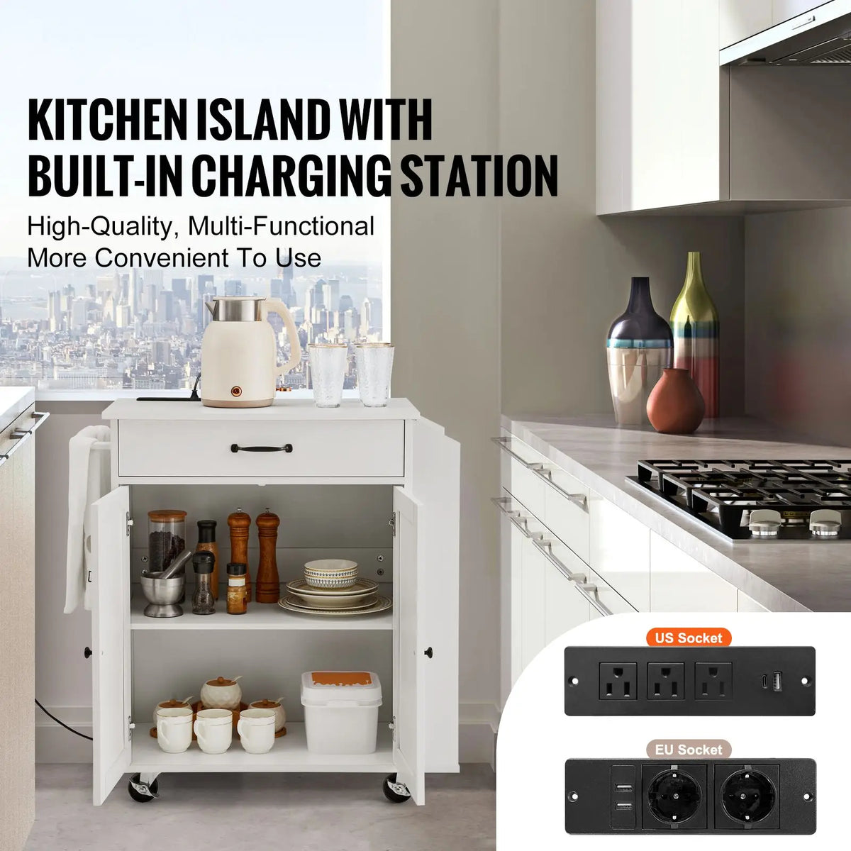"Marble & Metal 32" Mobile Kitchen Cart with Storage Power Outlet Spice Rack & Towel Bar"