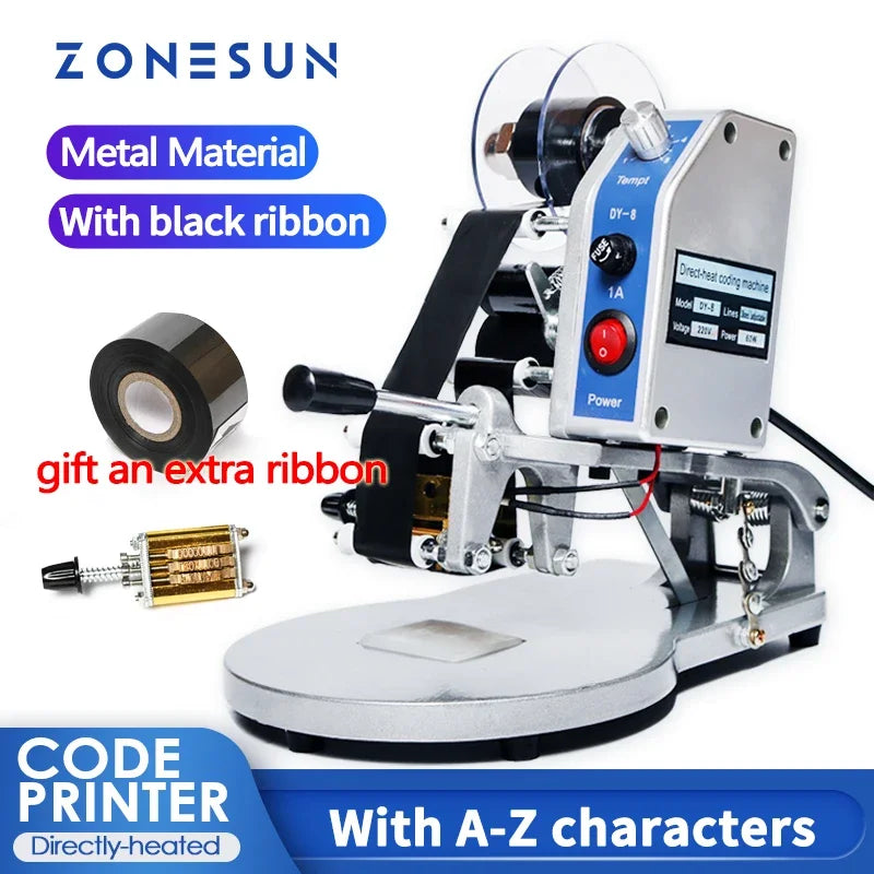 Impressora Manual de Código de Data ZONESUN ZS-DY8 – Máquina de Codificação de Lote, Validade e Data de Produção com Fita de Caracteres A-Z