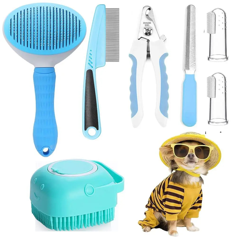 Kit de Beleza para Gatos com 8 Peças: Escova, Cortador de Unhas e Lixas, Kit de Higiene para Animais de Estimação, Pente Antipulgas