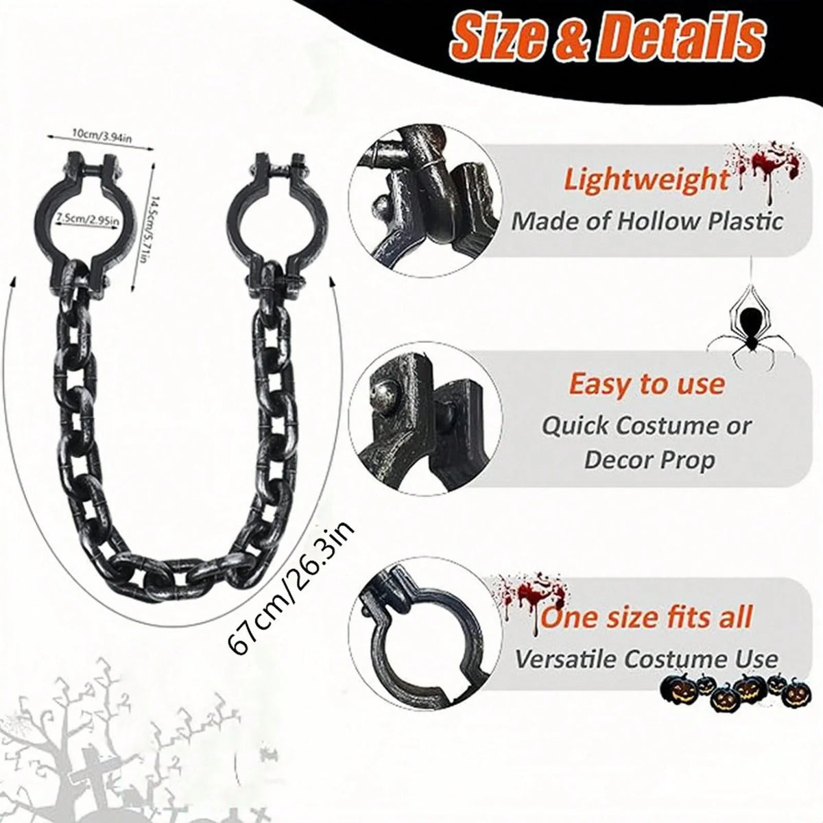 Itens de maquiagem e decoração para festas de Halloween, algemas, correntes de ferro, acessórios de prisioneiro de terror, pulseiras de imitação de plástico, grilhões, correntes.