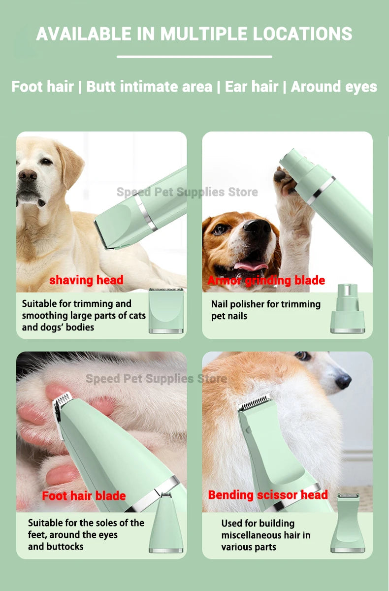 Conjunto 4 em 1 para tosa e cuidados com animais de estimação, 4 lâminas diferentes, barbeador de pelos de animais de estimação, baixo ruído, recarregável, sem fio, seguro, aparador de cães
