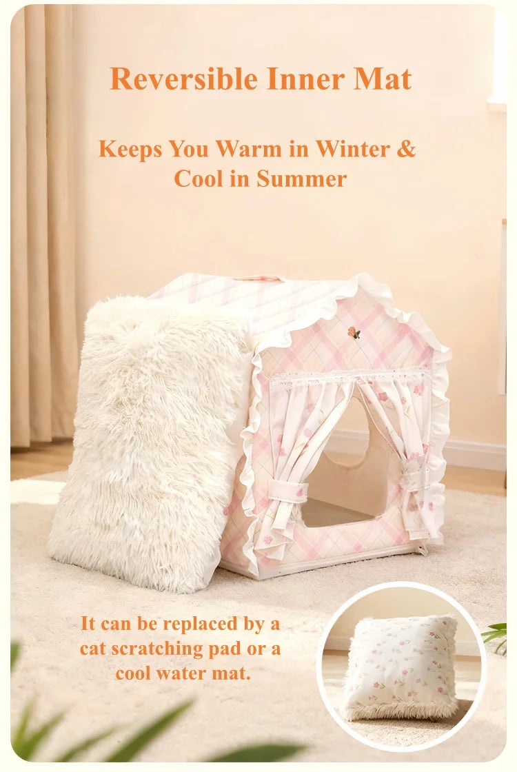 Casa para Gatos Floral Fofa com Tenda, Cama Semi-Fechada Removível e Lavável para Gatos/Cães