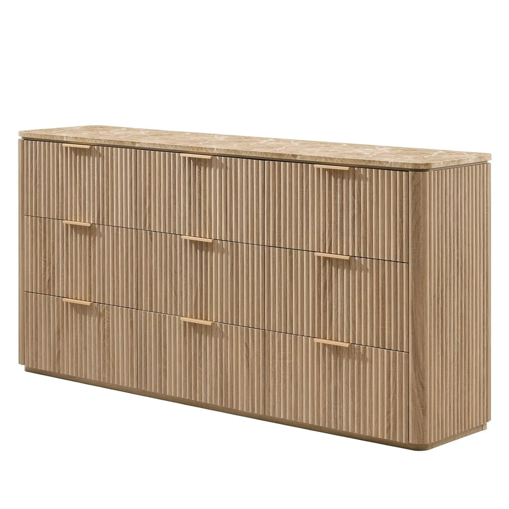 Cômoda com 9 Gavetas para Quarto, 63 Polegadas de Largura, Cômoda Moderna com Topo de Mármore Falso, Design com Cantos Arredondados, Personalizada