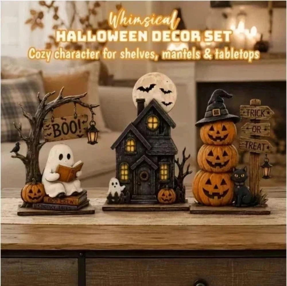 Conjunto de Decoração de Halloween, Estilos Vintage, Decorações de Madeira para Interiores, para Prateleiras, com Elementos como Fantasmas e Abóboras