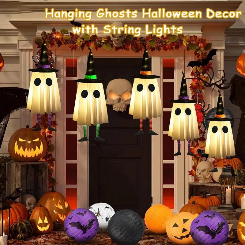 Decorações de Fantasmas Pendurados para Halloween, Luzes de Chapéu de Bruxa para Halloween ao Ar Livre, Fantasmas Brilhantes para Árvores de Jardim, Decoração de Halloween para Quintal