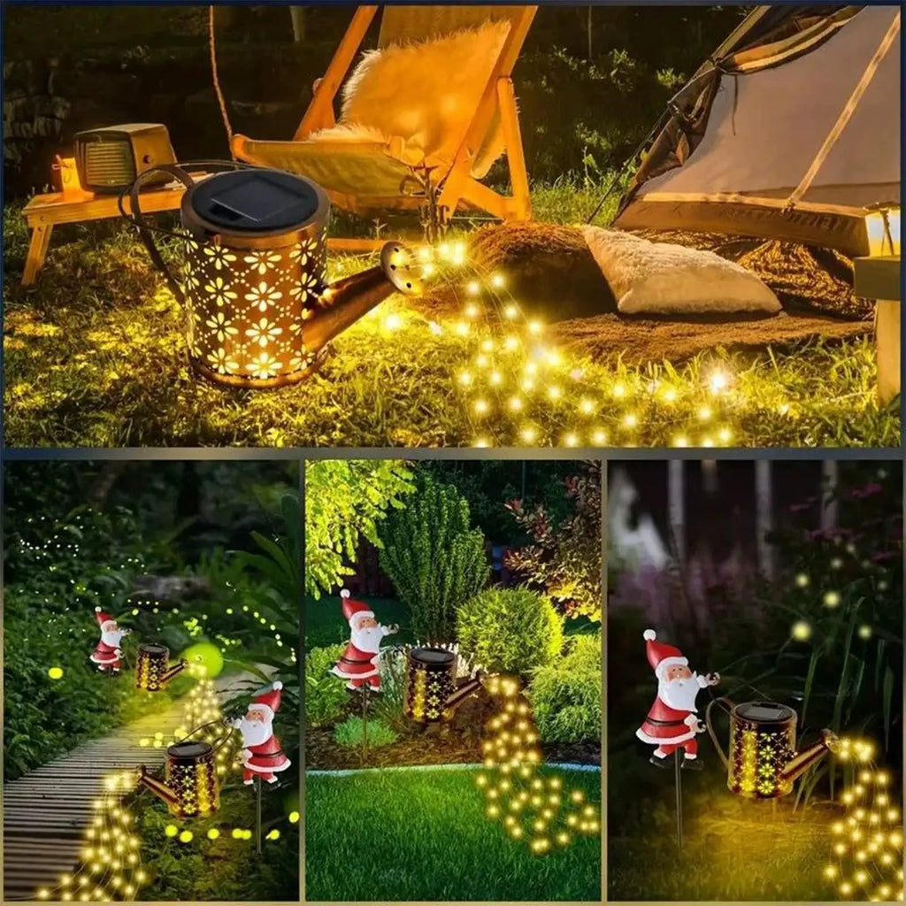 Lanterna de jardim solar com motivos natalinos, em forma de regador, com luzes LED, para uso exterior, à prova de água, em metal, para decoração de jardins e pátios.