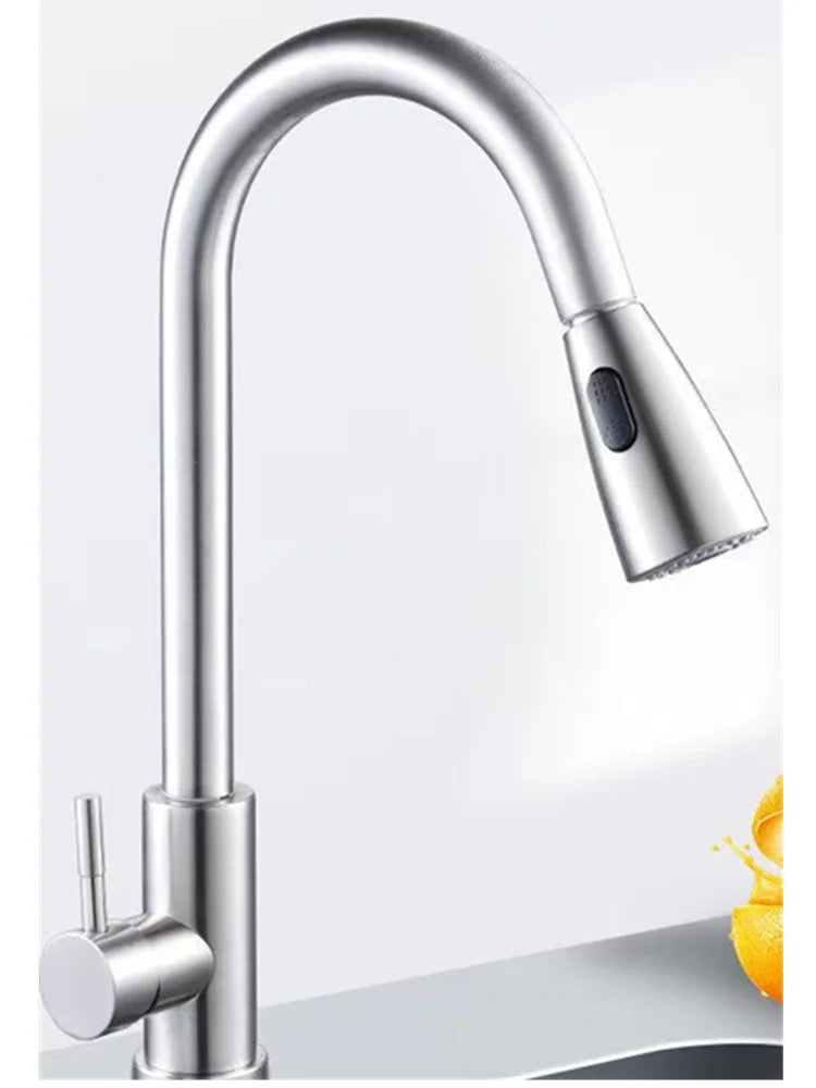 Torneira de Cozinha em Aço Inoxidável com Spray Retrátil de Um Furo 360 °   Torneira de Pia Giratória com Design Moderno de Alto Arco
