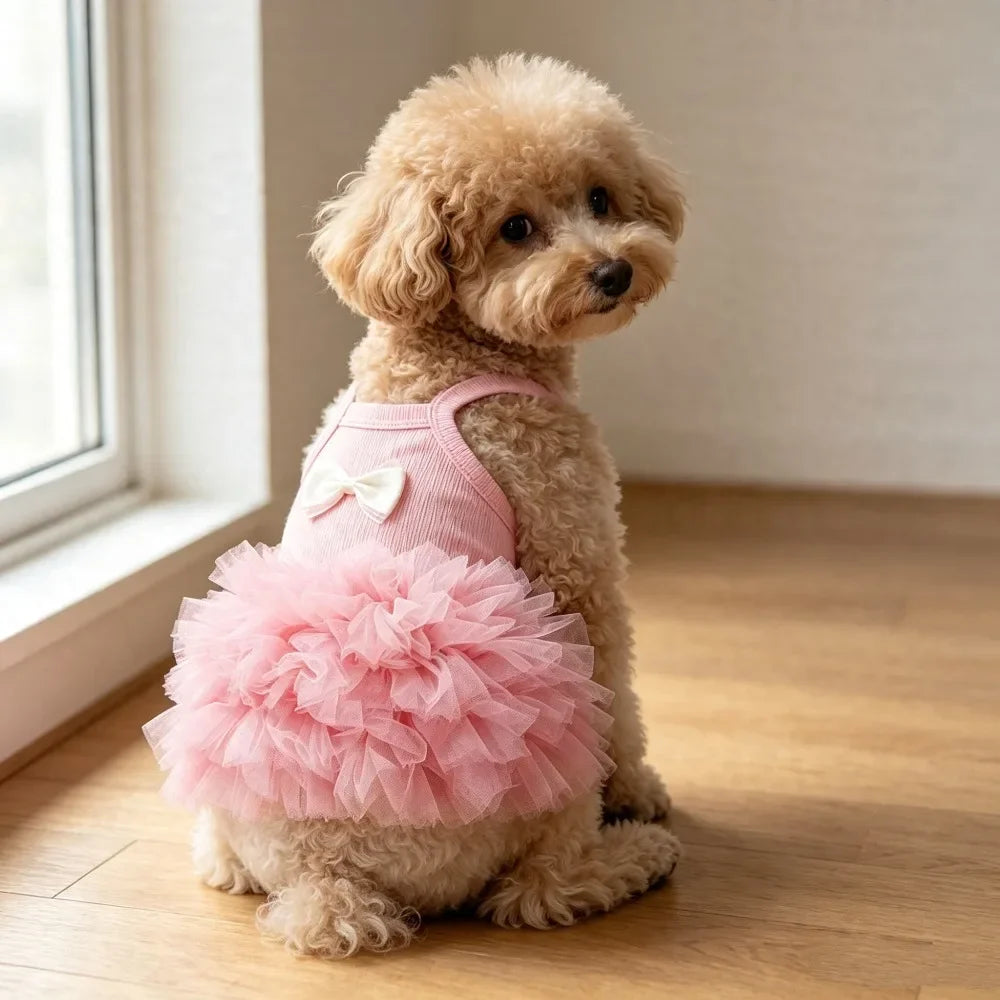 1PC Vestido Tutu Rosa Fofo para Cães com Laço, Saia de Tule Respirável para Animais de Estimação, para Cães e Gatos Pequenos