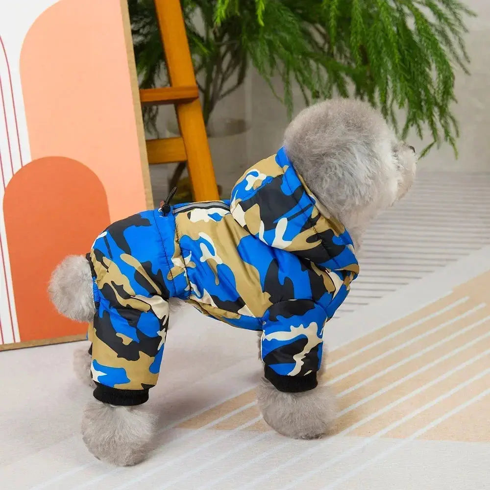Casaco de cachorro quente espessado, 4 pernas, camuflagem, roupas para Yorkies malteses, snowsuit, cães pequenos, casacos de gato, buldogue Onesies, inverno Kasa & Pet