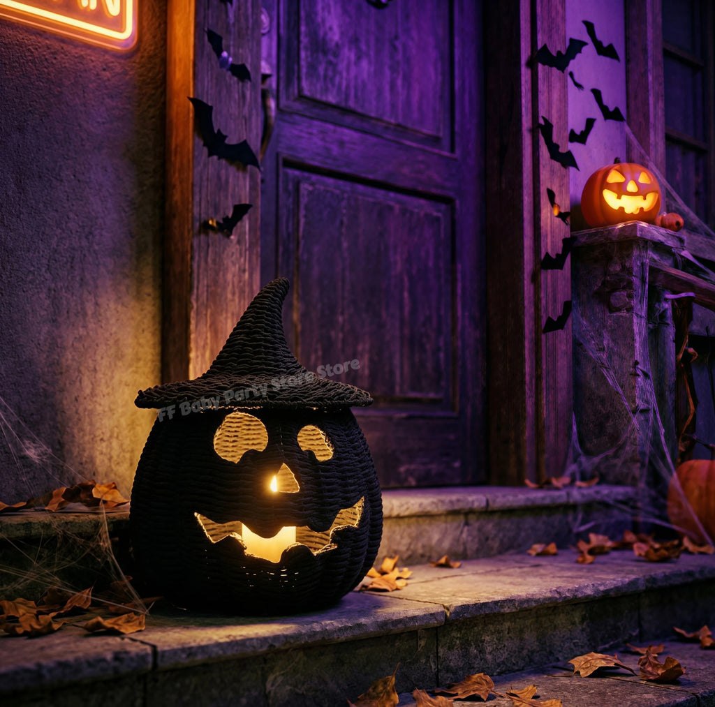 Decorações de Halloween, Lanterna de Abóbora de Vime Feita à Mão, Caixa de Armazenamento em Forma de Chapéu de Bruxa, Estátua Decorativa para Casa, Ornamentos de Natal