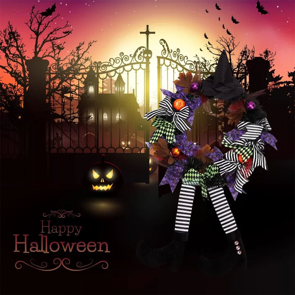 Decorações de grinalda de Halloween para porta, Vintage Witch Leg, Abóbora Maple Leaf, Guirlanda para decoração do partido, ao ar livre