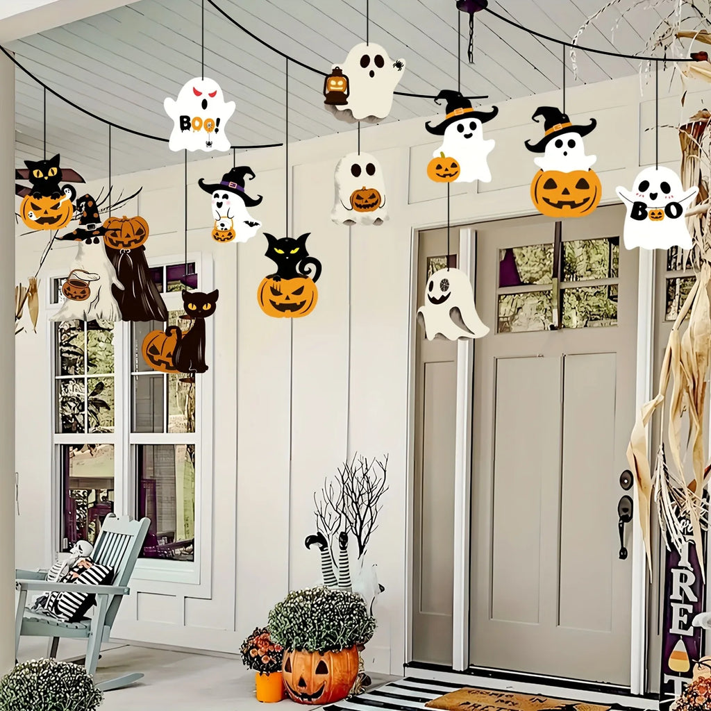 Enfeites de Halloween para Pendurar: Fantasma, Gato Preto, Abóbora e Chapéu de Bruxa – Decoração Assustadora para Festas de Halloween, Varandas e Tetos