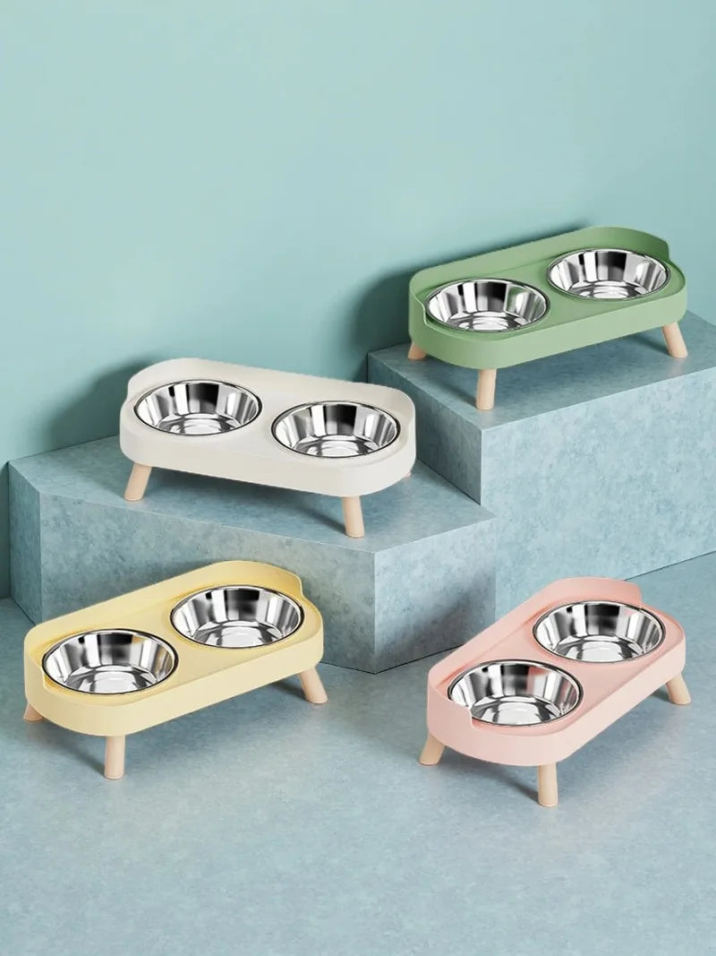 Estação de Alimentação e Bebedouro para Pets com Duas Tigelas de Aço Inoxidável e Suporte para Pescoço para Gatos e Cães