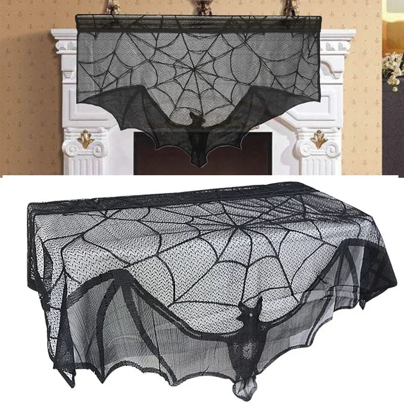 Black Lace Bats Toalha de Mesa, Aranha Web Cortinas para Lareira, Halloween Party Decor, Horror Adereços, Abajur