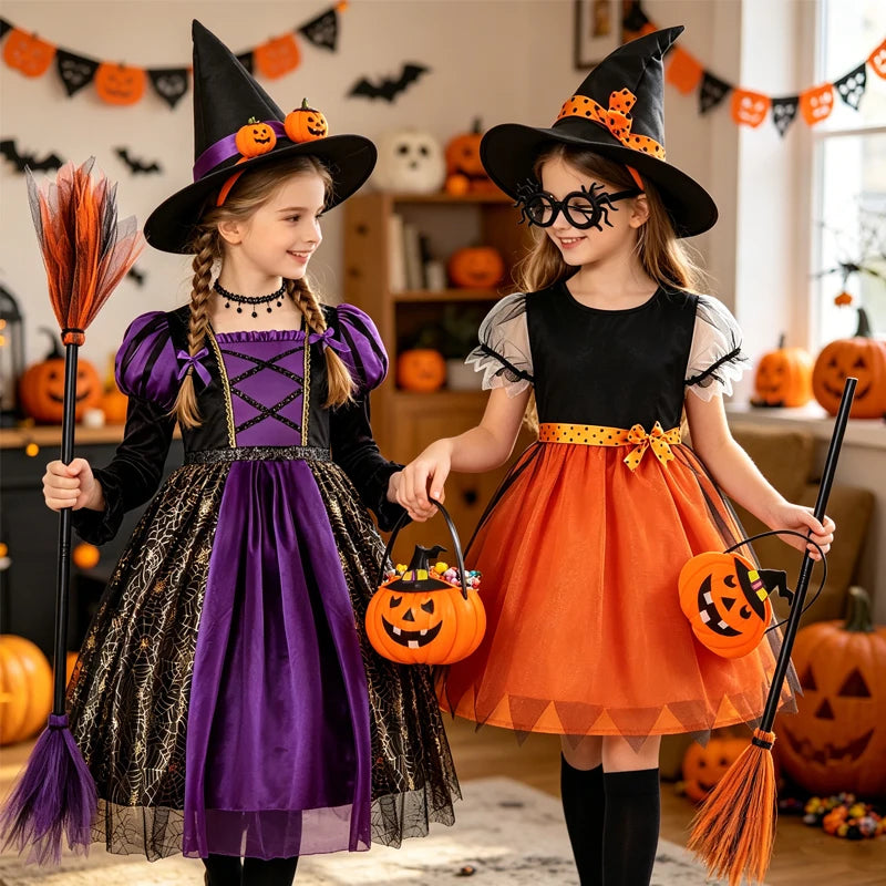 Fantasia de bruxa de Halloween para meninas, vestidos de vampiro para crianças, roupas de festa de carnaval, roupas para crianças