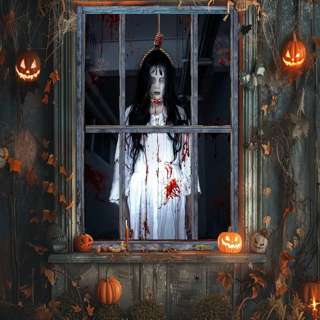 Decorações de capa de janela de Halloween – Tecido assustador, pôster de cortina de silhueta de porta assustadora para decoração de festa interna e externa