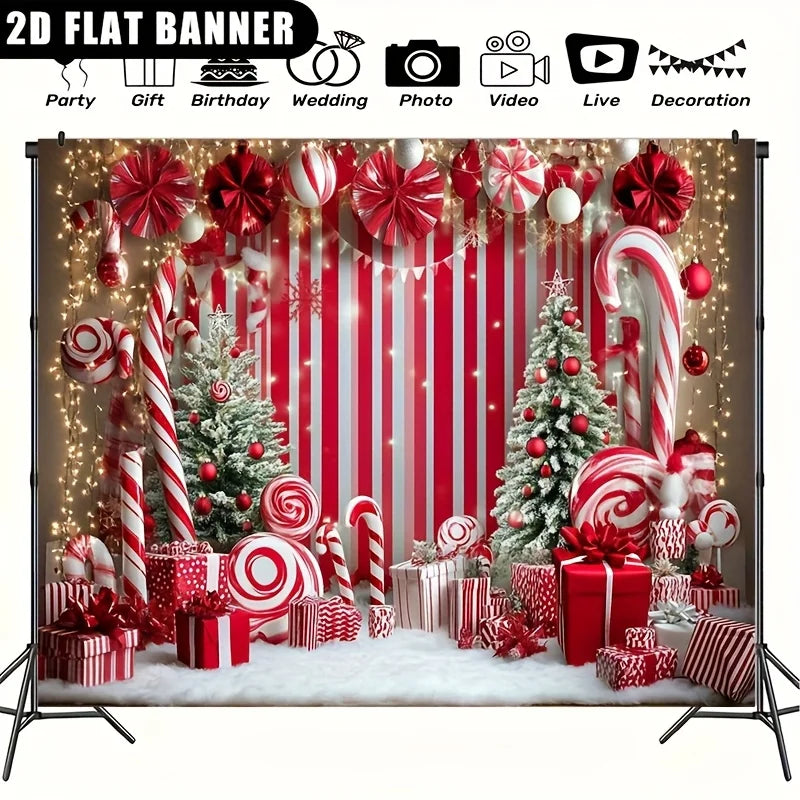 Fundo natalino, com elementos como bengalas de doces e casas de gengibre, decorações de festa e decorações de Natal.
