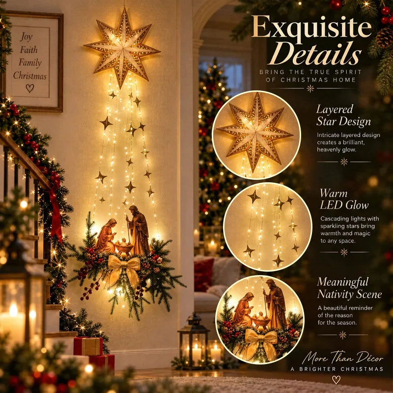 Decoração de parede com cena de nascimento iluminada por LED, ornamento de parede para o Natal, representando o nascimento de Jesus.