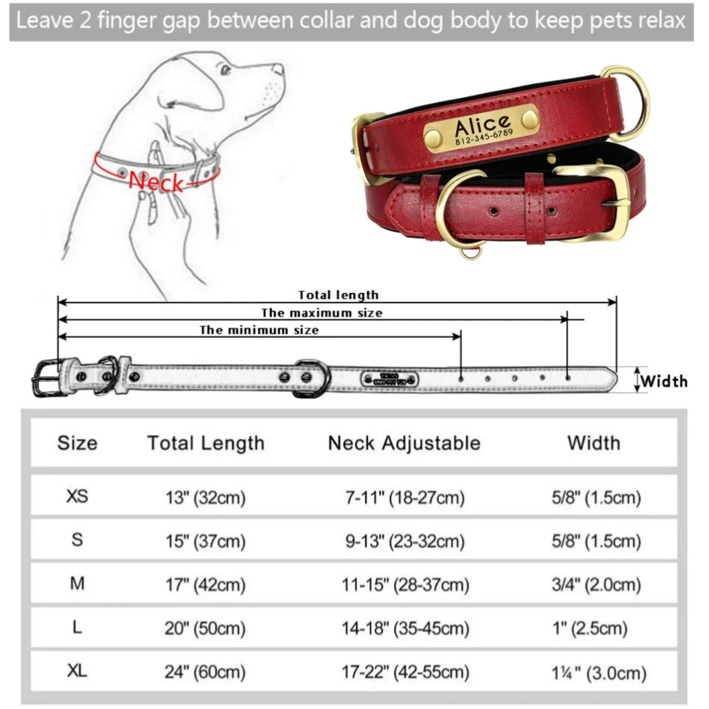 Coleira de Cão Personalizada em Couro com Placa de Identificação, Almofadada e Macia, Gravação Gratuita do Nome para Cães Pequenos, Médios e Grandes